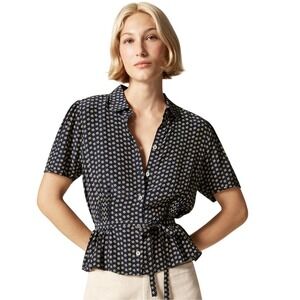 J.Crew Navy Blue Yellow Daisy Floral Peplum Shirt Size 00 NWT FLAW $80